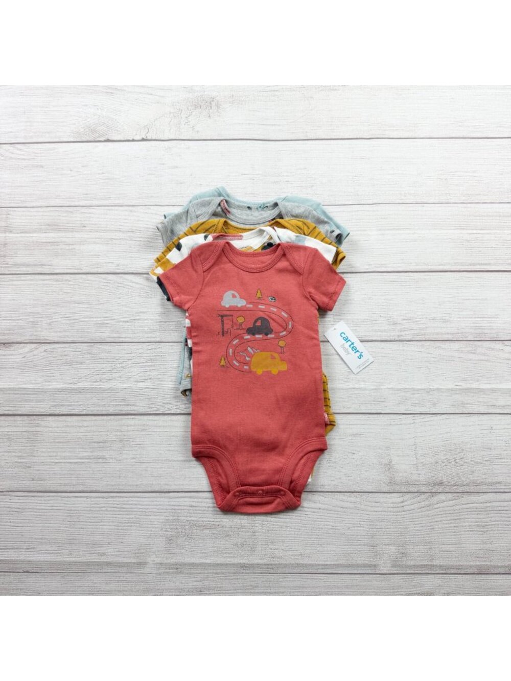Carter’s Baby 5 Pack Short Sleeve Bodysuits Cars Stripes Prints NWT 3-6 Months